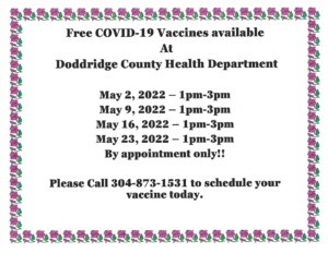 Free COVID-19 Vaccines by appointment ONLY! @ Doddridge County Health Department