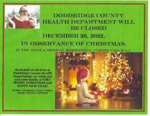 Doddridge County Health Department will be closed in observance of Christmas