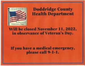 Doddridge County Health Department Closed in observance of Veteran's Day