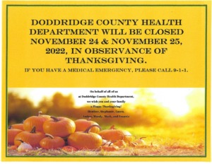 Doddridge County Health Department will be closed in observance of Thanksgiving